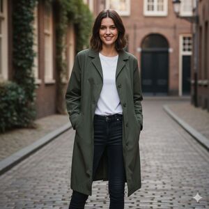 Muji Womens Trench Coat S Olive Green Buton Up Waterproff Wrinkle Free Polyester